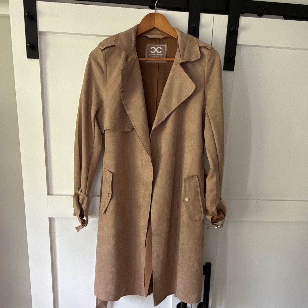 Culture Couture Womens Tan Faux Suede Long Trench Coat Belted Pockets Size M